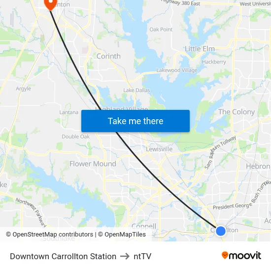 Downtown Carrollton Station to ntTV map