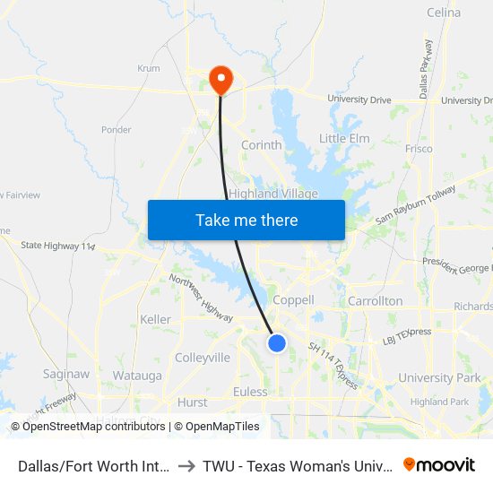 Dallas/Fort Worth International Airport to TWU - Texas Woman's University Denton Campus map