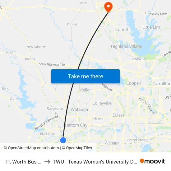 Ft Worth Bus Station to TWU - Texas Woman's University Denton Campus map