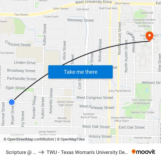 Scripture @ Bryan to TWU - Texas Woman's University Denton Campus map