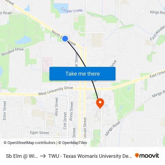 Sb Elm @ Windsor to TWU - Texas Woman's University Denton Campus map