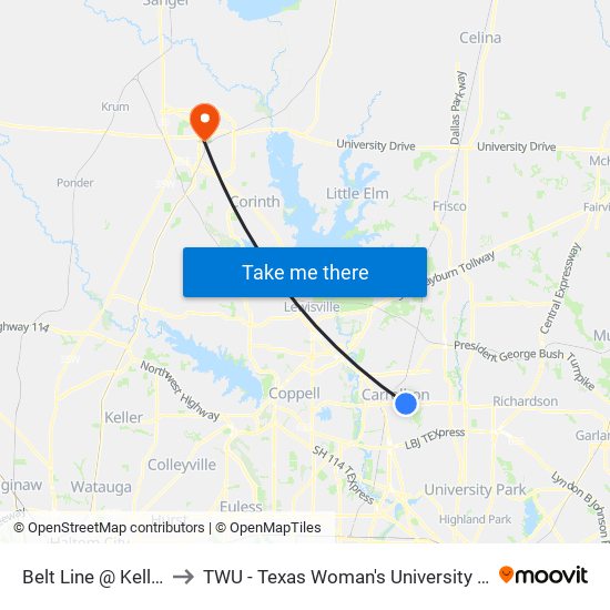 Belt Line @ Kelly - E - Ns to TWU - Texas Woman's University Denton Campus map