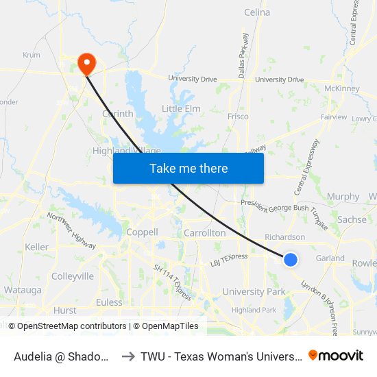 Audelia @ Shadow Way - N - FS to TWU - Texas Woman's University Denton Campus map