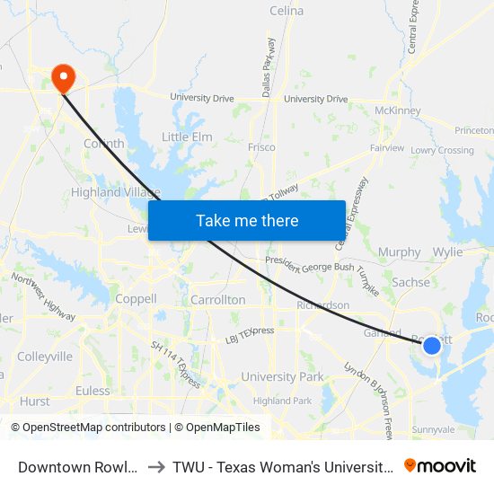 Downtown Rowlett Station to TWU - Texas Woman's University Denton Campus map