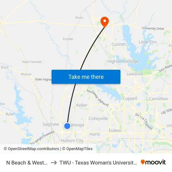 N Beach & Western Center to TWU - Texas Woman's University Denton Campus map
