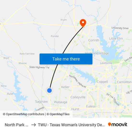 North Park & Ride to TWU - Texas Woman's University Denton Campus map