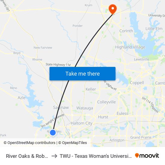 River Oaks & Roberts Cut Off to TWU - Texas Woman's University Denton Campus map