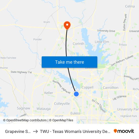 Grapevine Station to TWU - Texas Woman's University Denton Campus map