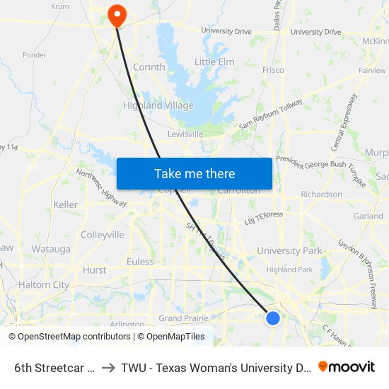 6th Streetcar Station to TWU - Texas Woman's University Denton Campus map