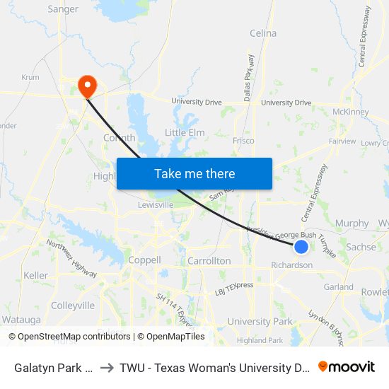 Galatyn Park Station to TWU - Texas Woman's University Denton Campus map