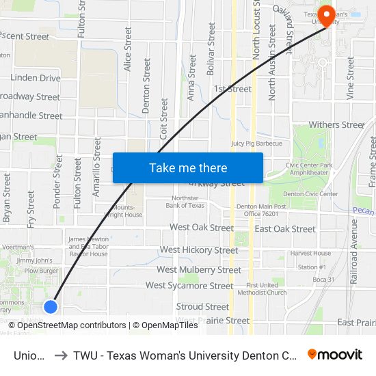 Union 7 to TWU - Texas Woman's University Denton Campus map