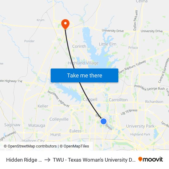 Hidden Ridge Station to TWU - Texas Woman's University Denton Campus map