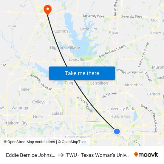 Eddie Bernice Johnson Union Station to TWU - Texas Woman's University Denton Campus map