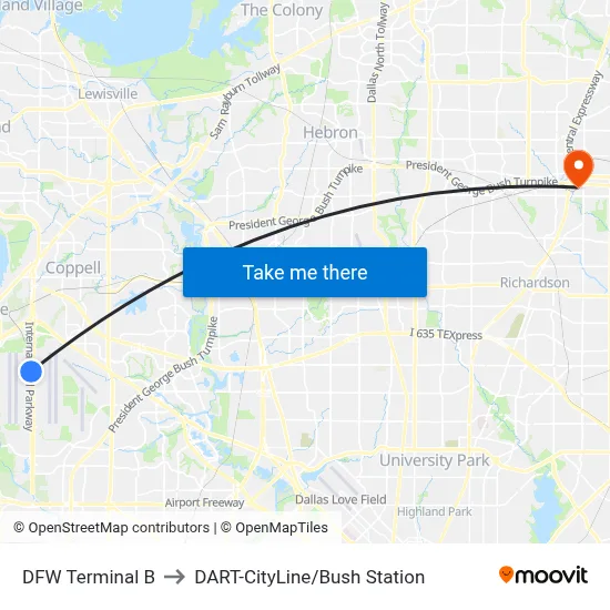 DFW Terminal B to DART-CityLine/Bush Station map
