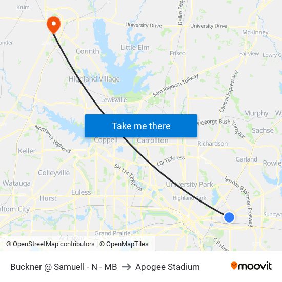 Buckner @ Samuell - N - MB to Apogee Stadium map