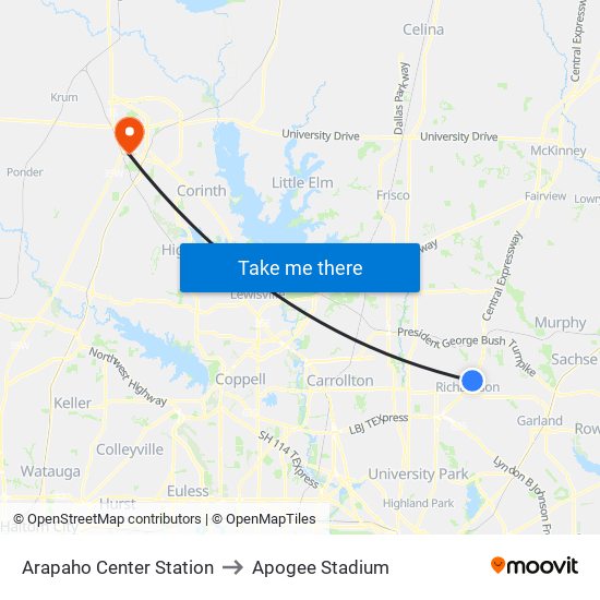 Arapaho Center Station to Apogee Stadium map