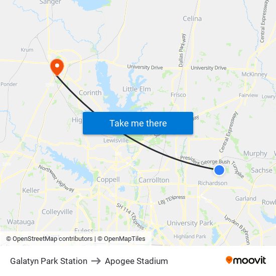 Galatyn Park Station to Apogee Stadium map