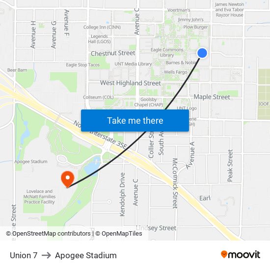 Union 7 to Apogee Stadium map