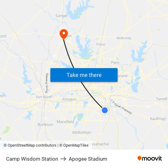 Camp Wisdom Station to Apogee Stadium map