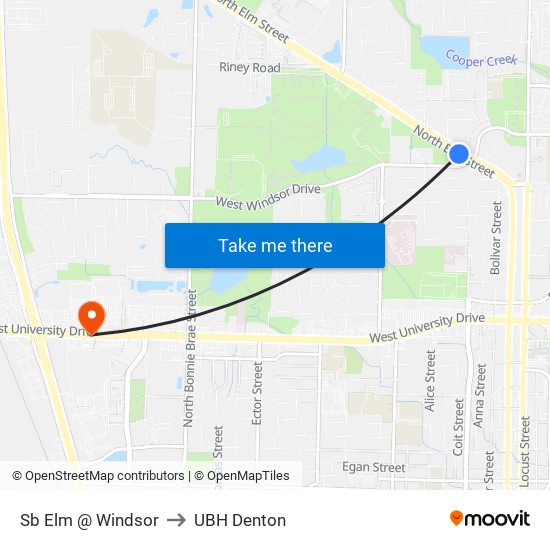 Sb Elm @ Windsor to UBH Denton map