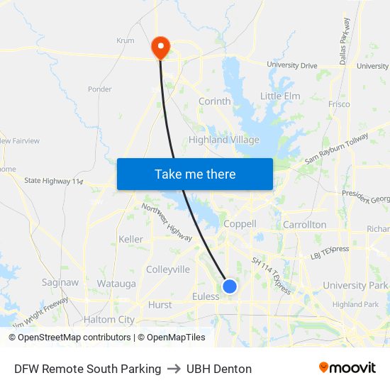 DFW Remote South Parking to UBH Denton map