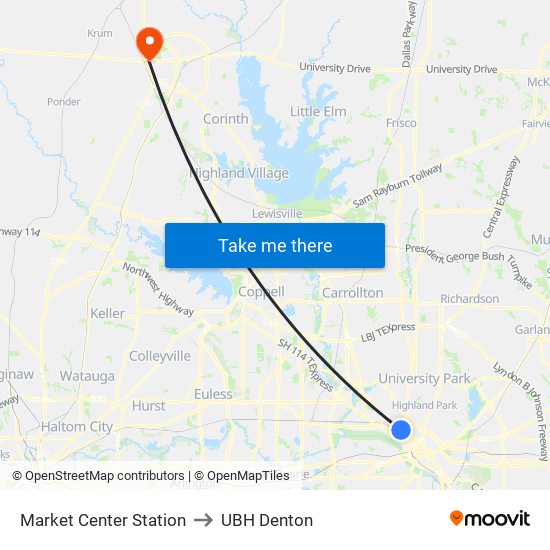Market Center Station to UBH Denton map