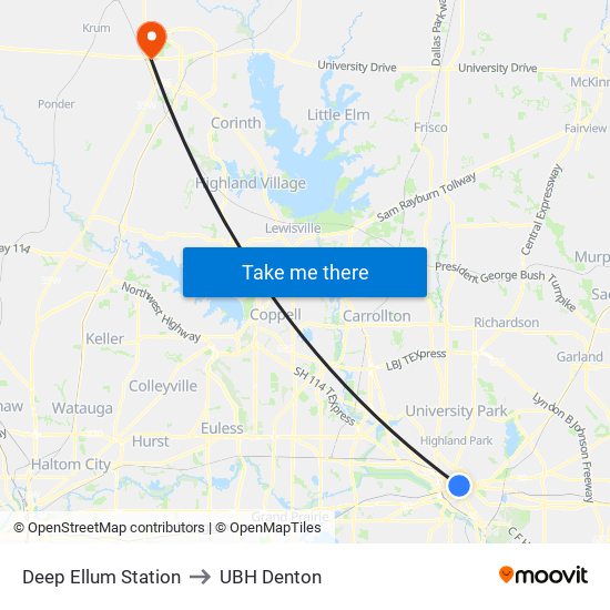 Deep Ellum Station to UBH Denton map