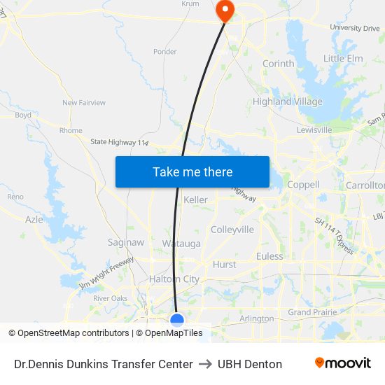 Dr.Dennis Dunkins Transfer Center to UBH Denton map