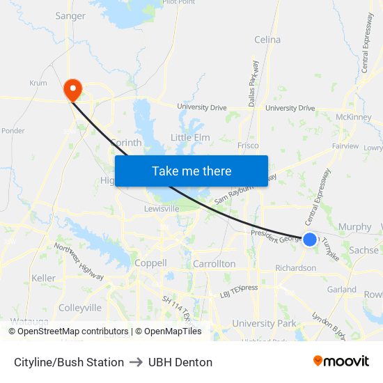 Cityline/Bush Station to UBH Denton map