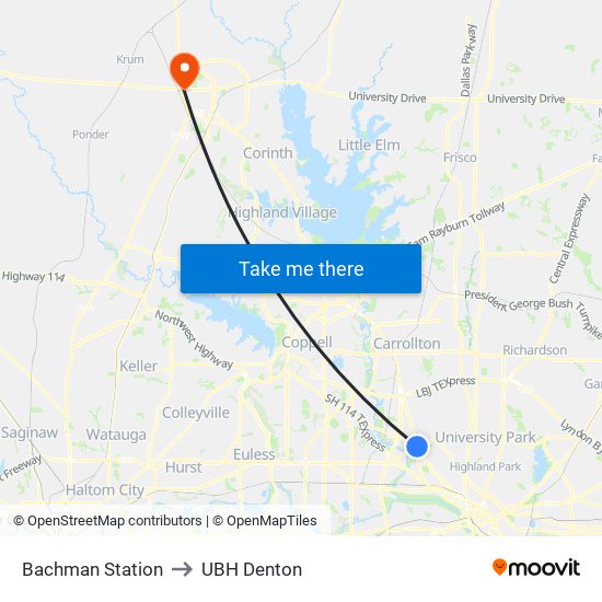 Bachman Station to UBH Denton map