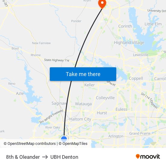 8th & Oleander to UBH Denton map