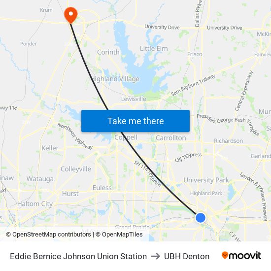 Eddie Bernice Johnson Union Station to UBH Denton map