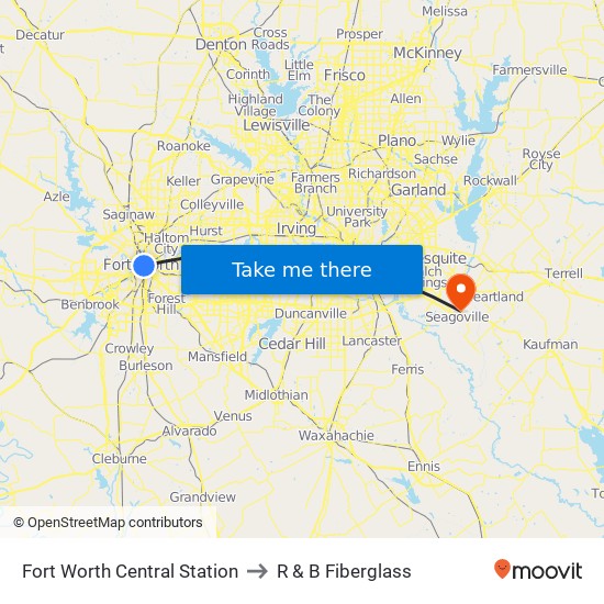 Fort Worth Central Station to R & B Fiberglass map