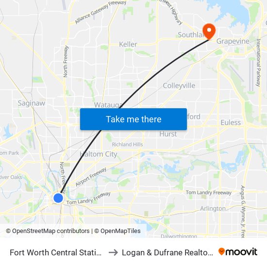 Fort Worth Central Station to Logan & Dufrane Realtors map