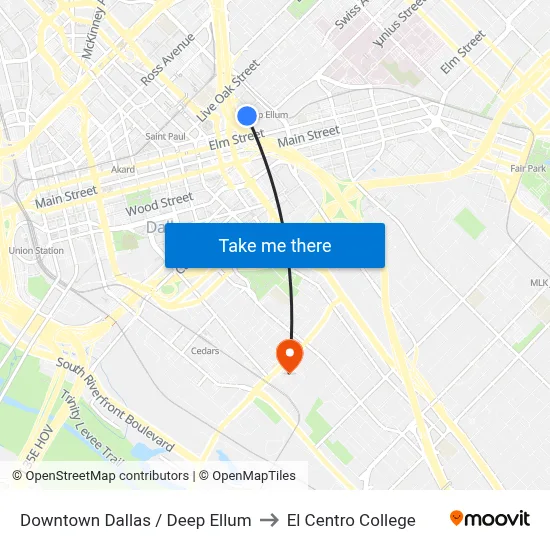 Downtown Dallas / Deep Ellum to El Centro College map