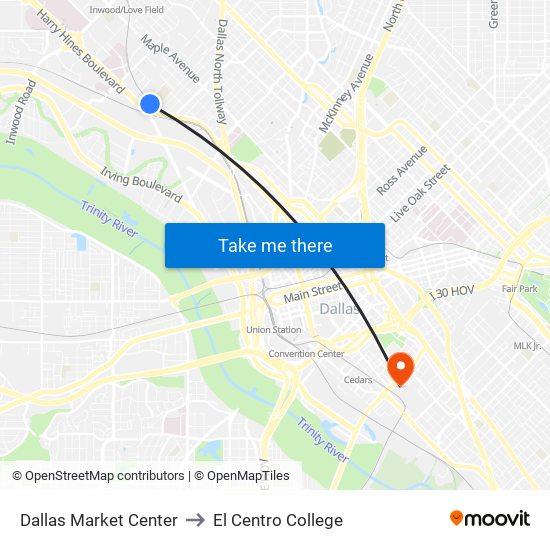 Dallas Market Center to El Centro College map