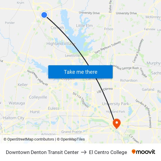 Downtown Denton Transit Center to El Centro College map