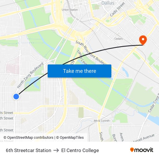 6th Streetcar Station to El Centro College map