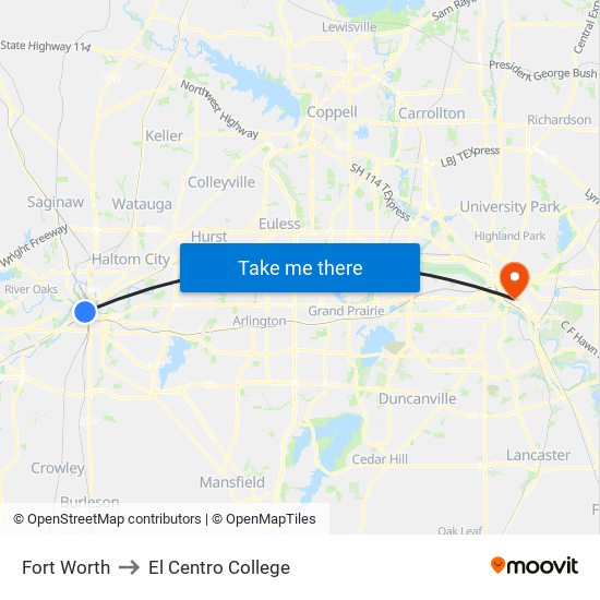 Fort Worth to El Centro College map