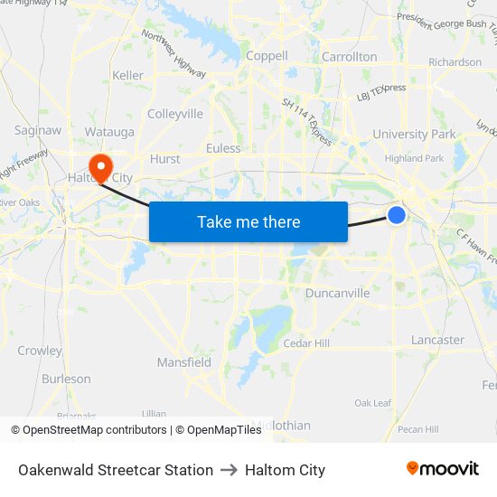 Oakenwald Streetcar Station to Haltom City map