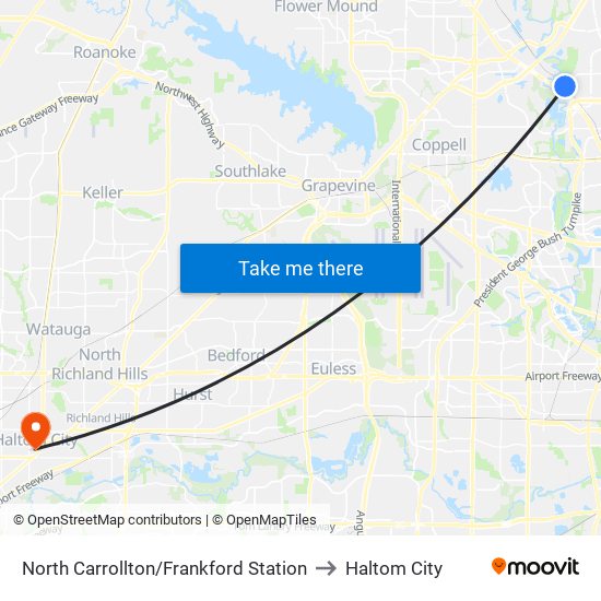 North Carrollton/Frankford Station to Haltom City map