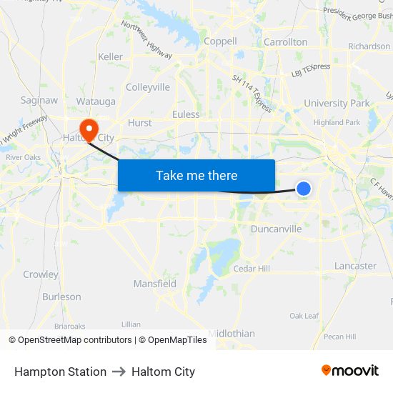 Hampton Station to Haltom City map