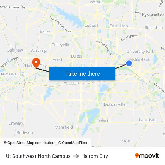 Ut Southwest North Campus to Haltom City map