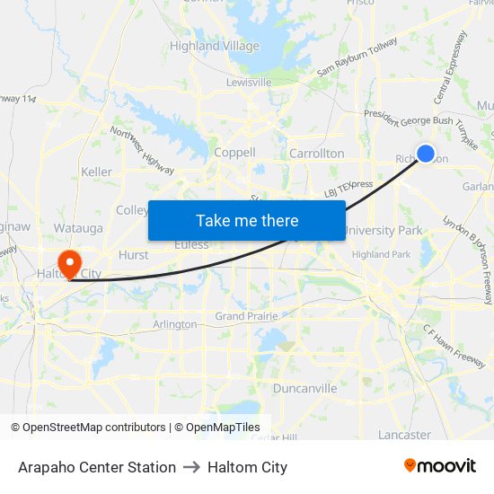 Arapaho Center Station to Haltom City map