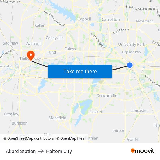 Akard Station to Haltom City map