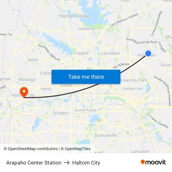 Arapaho Center Station to Haltom City map