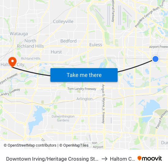 Downtown Irving/Heritage Crossing Station to Haltom City map