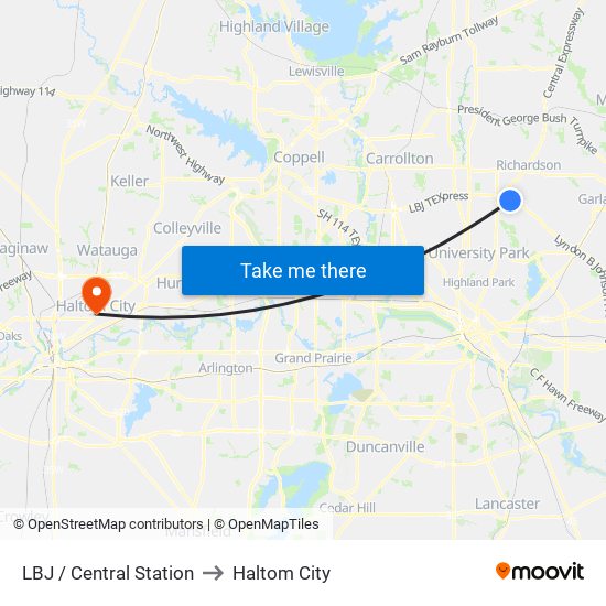 LBJ / Central Station to Haltom City map