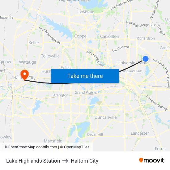 Lake Highlands Station to Haltom City map