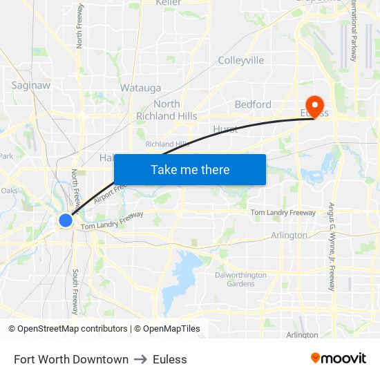 Fort Worth Downtown to Euless map